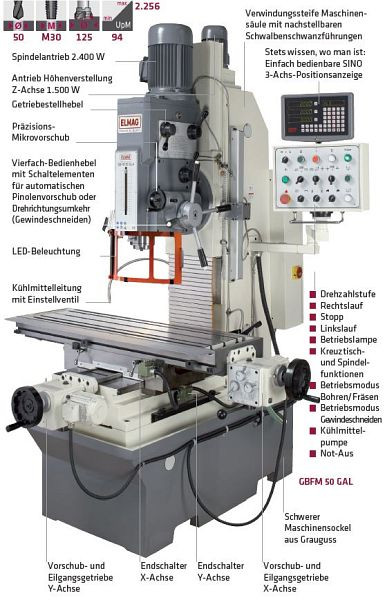 ELMAG Getriebe Bohr- und Fräsmaschine, Modell GBFM 50 GAL, inklusive 3-Achs-Positionsanzeige 'SINO', 82155