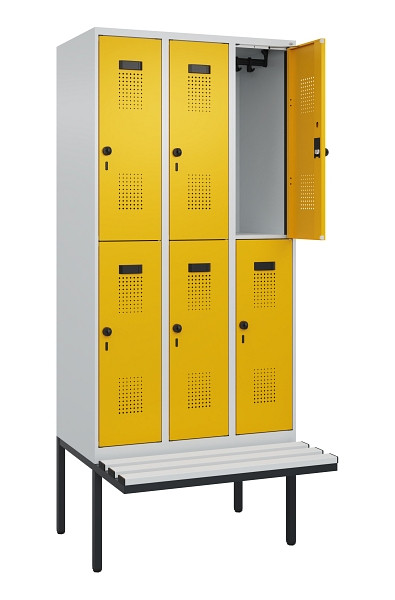 C+P Doppelstock-Spind Evolo PLUS, Bank, 6 Fächer, 2120x900x815mm, 7035/1004, Drehriegel, Sitzfläche Kunststoff, 0493407-30 S10081