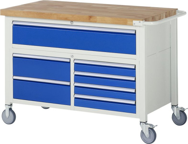 RAU Fahrbare Werkbank-Modell 8921, 1250x700x920-1120mm, Dreifach-Unterbau-Container, Oben: 180mm, Unten li: 2x180mm, Unten re: 4x90mm, 05-8921A2-127B4H.11