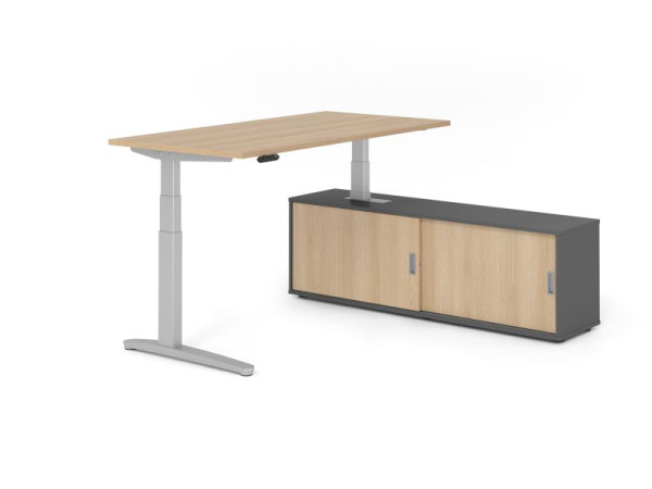 Hammerbacher Schreibtisch XBHM16, 160x80cm, Platte: Eiche, 25mm dick, C-Fuß Gestell Silber, Höhe: 65 - 129 cm, Ahorn, SB/E/S/G/E, VXBHM16SB/E/S/G/E