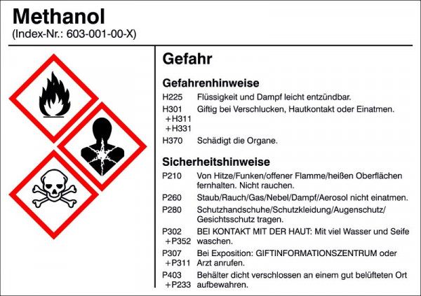 SafetyMarking Gefahrstoffetikett, G013: Methanol, für Behälter mit einem Fassungsvermögen bis 3 Liter, BxH 10,5x7,4 cm, Folie, selbstklebend, 21.B1200-G013