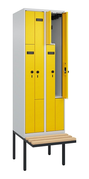 C+P Z-Spind Evolo PLUS, Bank, 4 Fächer, 2120x600x815mm, 7035/1023, Drehriegel, Sitzfläche Holz, 0490437-204 S10003