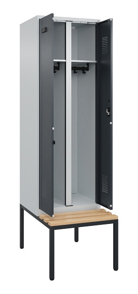 C+P Schwarz-Weiß-Spind Evolo PLUS, Bank, 2 Abteile, 2120x600x815mm, 7035/7016, Zylinderschloss, Sitzfläche Buche-Hartholz, Sitzbank, 0490527-20 S10039