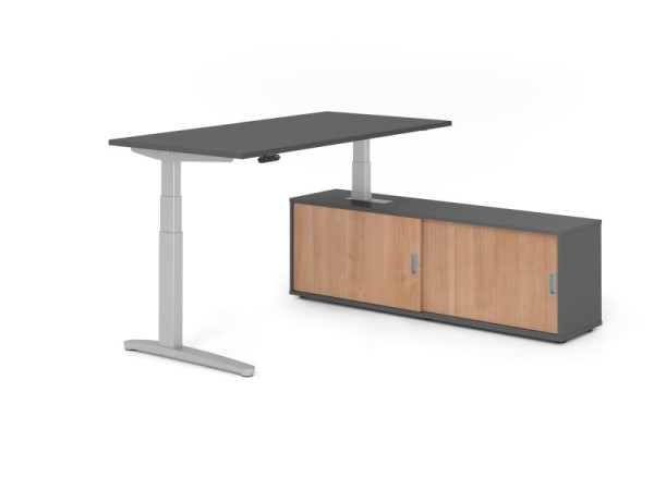 Hammerbacher Schreibtisch XBHM16, 160x80cm, Platte: Graphit, 25mm dick, C-Fuß Gestell Silber, Höhe: 65 - 129 cm, Graphit / Nuss, VXBHM16SB/G/S/G/N