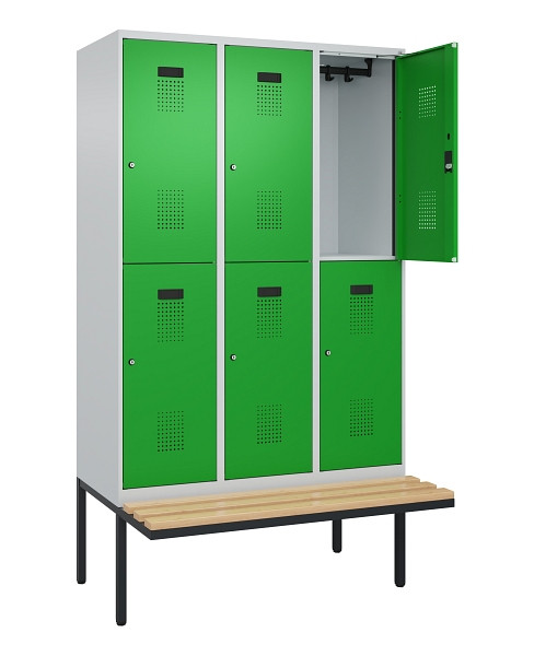 C+P Doppelstock-Spind Evolo PLUS, Bank, 6 Fächer, 2120x1200x815mm, 7035/6037, Zylinderschloss, Sitzfläche Buche-Hartholz, 0493407-32 S10038