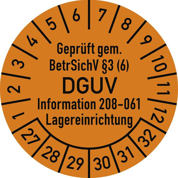 Moedel Prüfplakette BetrSichV §3 (6) DGUV 208-061, 2027-2032, Folie, Ø 30mm, VE: 10 Stück/Bogen, 108323