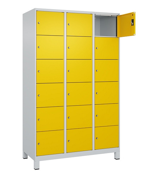 C+P Schließfachschrank Evolo PLUS, mit Füßen, 18 Fächer, 1950x1200x500mm, 7035/1023 Verkehrsgelb, 049010-326 S10001