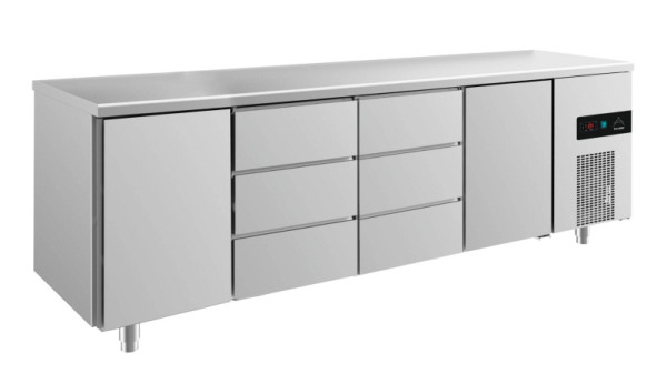 A&S Polarny Kühltisch -2 bis +8°C mit 2x Türen und 2x drei Schubladen mittig, 2330 x 700 x 850 mm, KT4TDDT