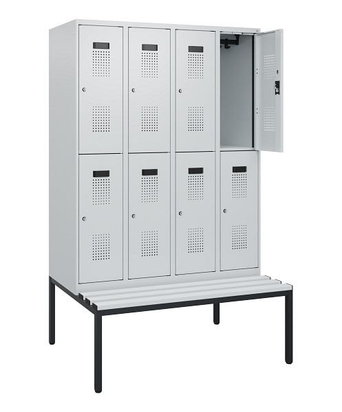 C+P Doppelstöckiger Spind Evolo PLUS, Bank, 8 Fächer, 1950x1200x815mm, 7035/7035, Zylinderschloss, Sitzfläche Kunststoff, Sitzbank, 0493505-40 S10148
