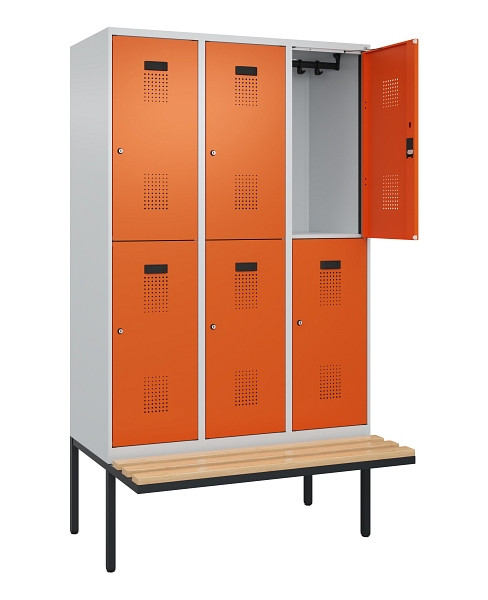 C+P Doppelstock-Spind Evolo PLUS, Bank, 6 Fächer, 2120x1200x815mm, 7035/2004, Zylinderschloss, Sitzfläche Buche-Hartholz, 0493407-32 S10029