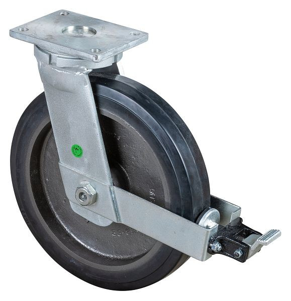 BS Rollen Schwerlastrolle mit Rad-/Feststeller, Breite 75 mm, Ø400 mm, bis 1200 kg, Elastik-Reifen schwarz, Radkörper Guss, Kugellager, RR120.B81.400