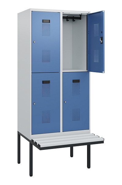 C+P Doppelstock-Spind Evolo PLUS, Bank, 4 Fächer, 1950x800x815mm, 7035/5023, Zylinderschloss, Sitzfläche Kunststoff, 0493405-22 S10143