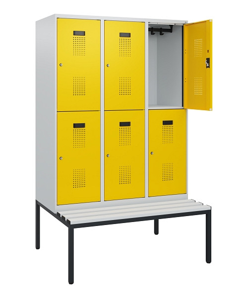 C+P Doppelstöckiger Spind Evolo PLUS, Bank, 6 Fächer, 1950x1200x815mm, 7035/1023, Zylinderschloss, Sitzfläche Kunststoff, Sitzbank, 0493505-32 S10136
