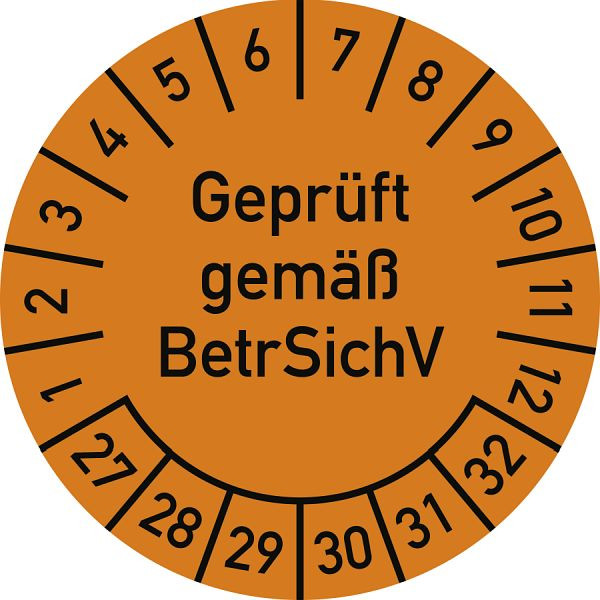 Moedel Prüfplakette Geprüft gemäß BetrSichV, 2027-2032, Folie, Ø 25 mm, VE: 10 Stück/Bogen, 108309