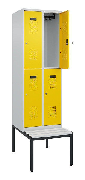 C+P Doppelstock-Spind Evolo PLUS, Bank, 4 Fächer, 2120x600x815mm, 7035/1023, Zylinderschloss, Sitzfläche Kunststoff, Sitzbank, 0493507-20 S10109
