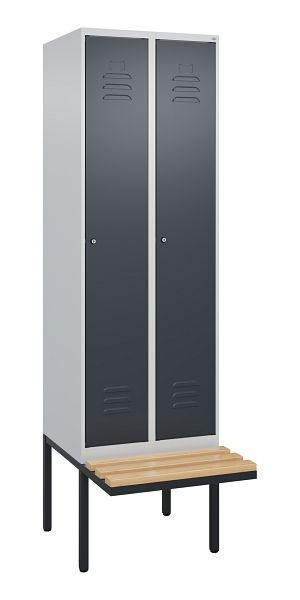 C+P Umkleidespind Classic PLUS, 2 Abteile, 2120x600x815mm, 7035/7016, Zylinderschlösser, Buche-Sitzleisten, 3 Doppel-Haken, 0800407-20 S10054