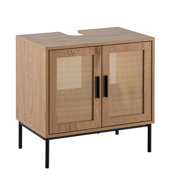 Wohnling Waschbeckenunterschrank Eiche-Optik 60x60x40cm mit Türen, Badezimmerschrank mit Rattangeflecht, Unterschrank Stehend, WL6.875
