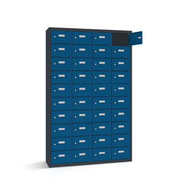 Rotstahl Wertfachschrank, 40 Fächer, Tür einwandig, kurzer Sockel, Korpus: anthrazitgrau, Türen: enzianblau, 2161-041003-1151112-7016-5010