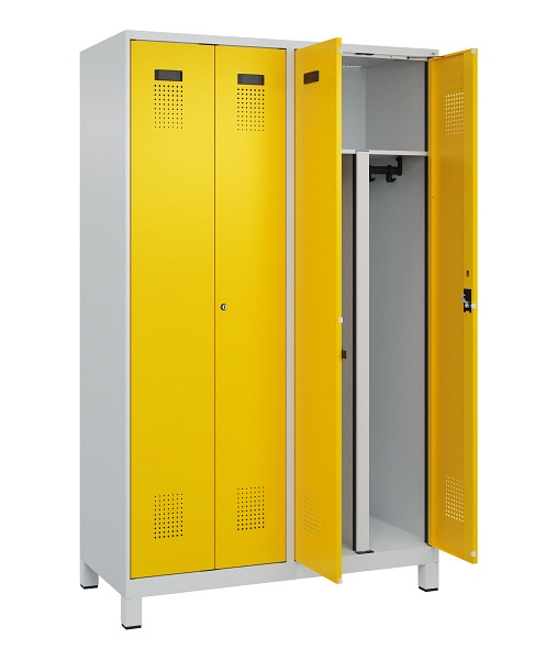 C+P PSA Schwarz-Weiß-Spind Evolo PLUS, mit Füßen, 4 Abteile, 1950x1200x500mm, 7, Frontfarbe RAL 1023 Verkehrsgelb, Zylinderschloss, 049012-40P S10028