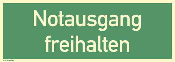 Moedel Notausgang freihalten, Textschild, Folie, nachleuchtend, 160-mcd, 297x105 mm, 60946