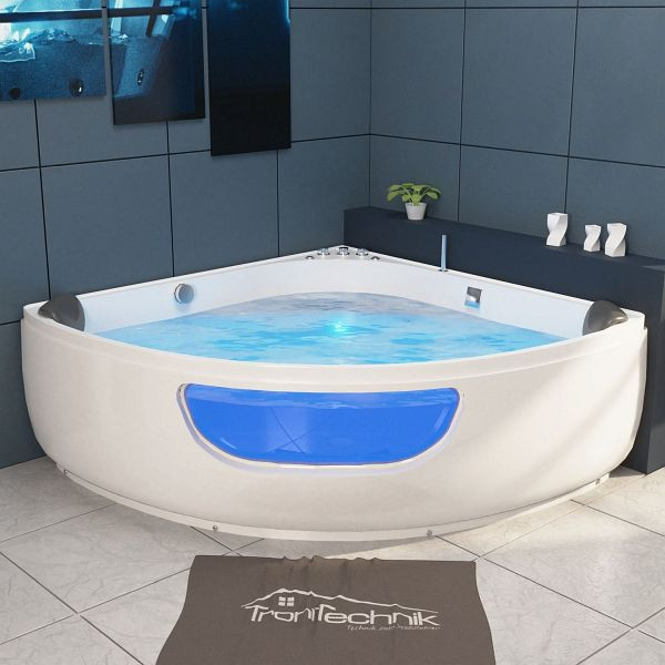 TroniTechnik Eckbadewanne mit Whirlpool 150x150 cm, Sitz Acryl, 2Personen, Eck-Badewanne, Armatur, freistehend, vormontiert Indoor, LED, 1052