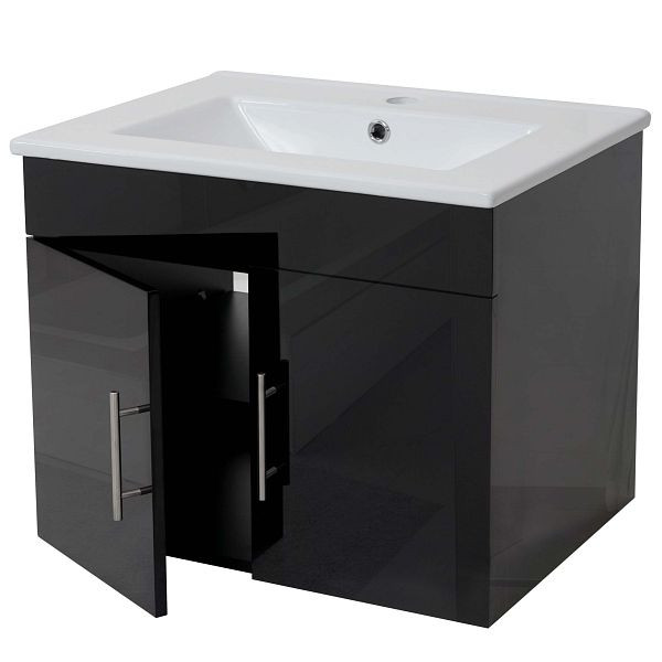 Mendler Waschbecken + Unterschrank HWC-D16, Waschbecken Waschtisch, hochglanz 60cm, schwarz, 62237+62235