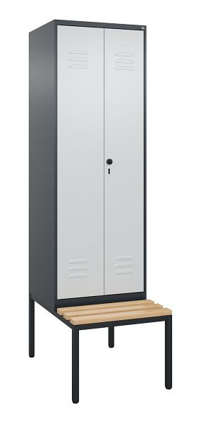 C+P Umkleidespind Classic PLUS SW, 2 Abteile, 2120x600x815mm, 7016/7035, Drehriegel, mit untergebauter Sitzbank, Buche-Sitzleisten, 0800527-20 S10013