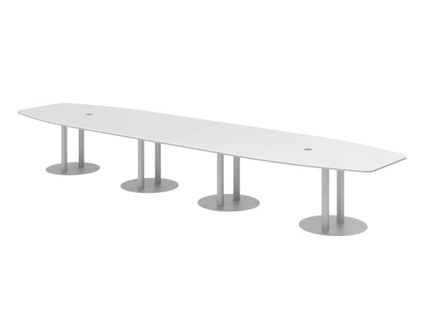 Hammerbacher Konferenztisch KT52S, 520 x 130 cm, Platte: Weiß, 25mm dick, mit vier silbernen Säulenfüßen, 7,6/70 cm, Arbeitshöhe 74 cm, VKT52S/W/S