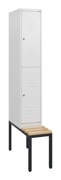 C+P Doppelstöckiger Spind Classic PLUS, 1950x300x815mm, 9016/9016, Zylinderschlösser, Sitzleisten aus Buche, mit untergebauter Sitzbank, 0803505-10 S10044