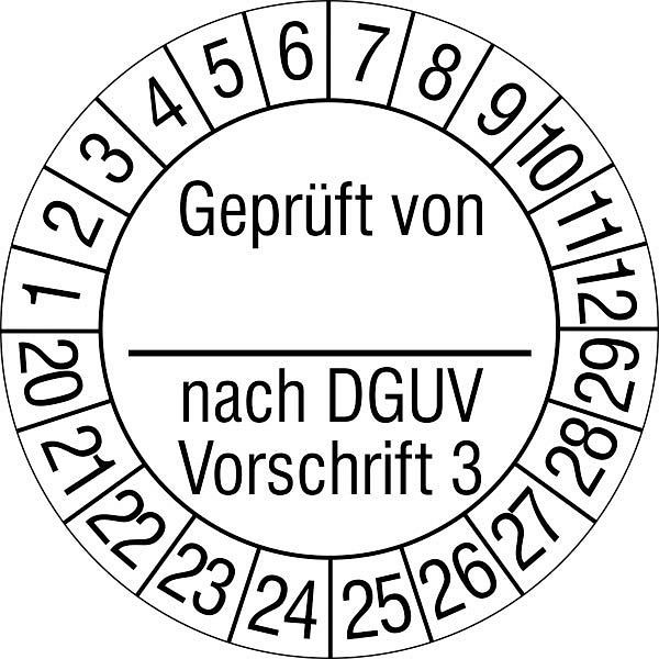 SafetyMarking Prüfplakette, Geprüft von_nach DGUV Vorschrift3, Prüfzeitraum: 20-29, Ø 3 cm, Folie, selbstklebend, VE: 15 Stück/Bogen, 30.C2130-20-29