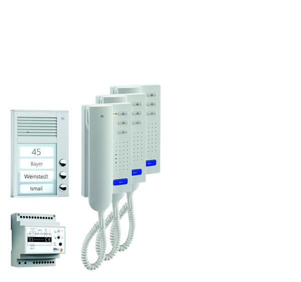TCS Türkontrollsystem audio:pack AP für 3 Wohneinheiten, mit Außenstation PAK 3 Klingeltasten, 3x Türtelefon ISH3030, Steuergerät BVS20, PPA03-EN/02