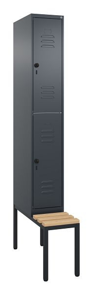 C+P Doppelstöckiger Spind Classic PLUS, Bank, 2120x300x815mm, 7016/7016, Drehriegel, Sitzleisten aus Buche, mit untergebauter Sitzbank, 0803507-10 S10012