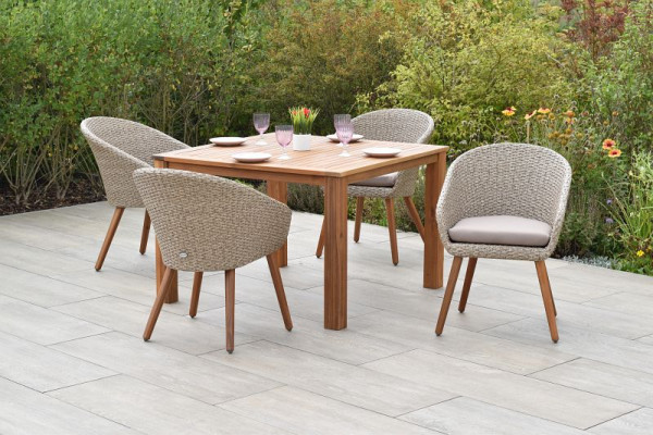 Merxx Arrone Set 5-teilig, 4 Arrone Sessel, inkl. Sitzkissen, 1 Tisch 110 x 110 cm, Akazienholz, Schilf, 50896-259