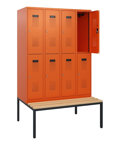 C+P Doppelstöckiger Spind Evolo PLUS, Bank, 8 Fächer, 1950x1200x815mm, 2004/2004, Zylinderschloss, Sitzfläche Buche-Hartholz, Sitzbank, 0493505-40 S10066