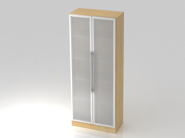 Hammerbacher Glastürenschrank 5OH, Sockelblende, Relinggriff Ahorn/Silber, 80x42x200,4 cm (BxTxH), V7100G/3/S/RE