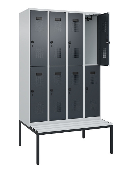 C+P Doppelstock-Spind Evolo PLUS, Bank, 8 Fächer, 2120x1200x815mm, 7035/7016, Drehriegel, Sitzfläche Kunststoff, Sitzbank, 0493507-40 S10093