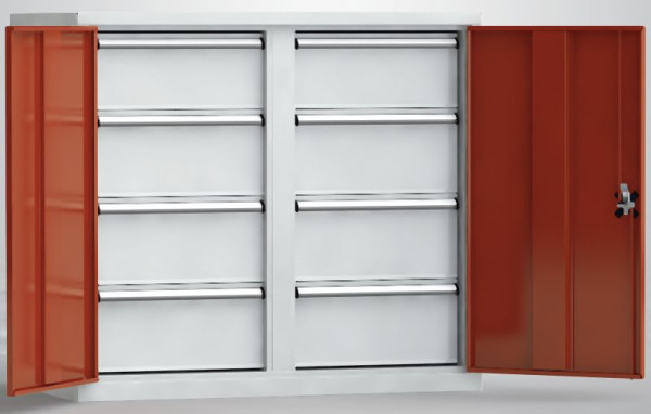 KLW Universalschrank 1000x1108x656mm HxBxT, abschließbare Flügeltüren, 1 Mitteltrennwand, 8 Schubladen: 4x200EA/225EA links & rechts, 7FS-PP1000TD-0008MPB