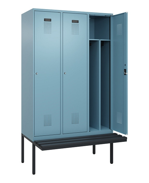 C+P Spind Evolo PLUS, 3 Abteile, 2120x1200x815mm, 0010/0010, Haken 4, Zylinderschloss, Sitzfläche Kunststoff, Trennwand, 0490407-32F S10101