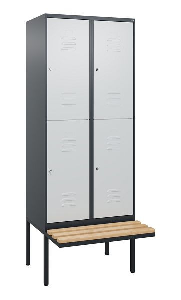 C+P Doppelstöckiger Spind Classic PLUS, 2 Abteile, 2120x800x815mm, 7016/7035, Zylinderschlösser, Buche-Sitzleisten, Sitzfläche, 0803407-22 S10103