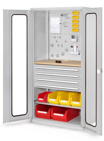 Kappes RasterPlan Schubladenschrank, Modell 36, RAL 7035, Sichtfenstertür, 1950 x 1000 x 600 mm, 4 Schubladen H 100 mm, 1460.06.5013