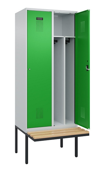 C+P Spind Evolo PLUS, 2 Abteile, 2120x800x815mm, 7035/6037, Haken 4, Zylinderschloss, Sitzfläche Holz, Trennwand, 0490407-22F S10038