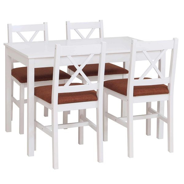 Mendler Esszimmer-Set HWC-F77, Sitzgruppe Esszimmergruppe, Massiv-Holz Kiefer Stoff Landhaus 110cm, weiß Polster terrakotta, 118627