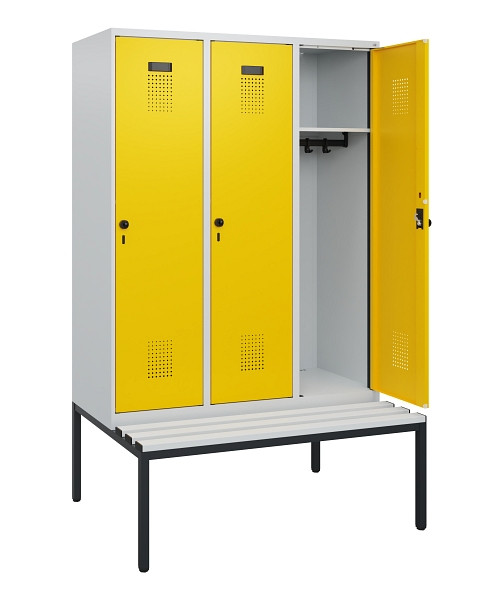C+P Spind Evolo PLUS, 3 Abteile, 1950x1200x815mm, 7035/1023, Drehriegel, Sitzfläche Kunststoff, Sitzbank, 0490505-32 S10055