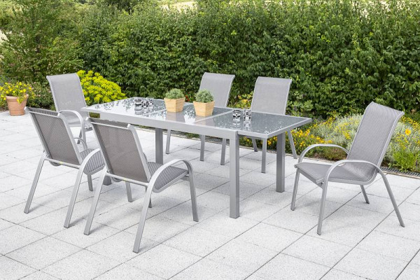 Merxx Amalfi Set 7-teilig, 6 Amalfi Stapelsessel, 1 Ausziehtisch 140 (200) x 90 cm, graue Glasplatte, silber/diamantbraun, 50340-330