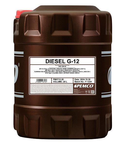 PEMCO Mehrbereichsöl 712 Diesel G-12 SHPD 10W-30, VE: 20 l, PM0712-20