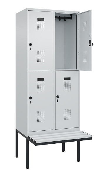 C+P Doppelstock-Spind Evolo PLUS, Bank, 4 Fächer, 2120x800x815mm, 7035/7035, Drehriegel, Sitzfläche Kunststoff, 0493407-22 S10094