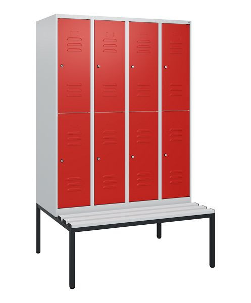 C+P Doppelstöckiger Spind Classic PLUS, 4 Abteile, 1950x1200x815mm, 7035/3020, Zylinderschlösser, mit untergebauter Sitzbank, 0803505-40 S10077