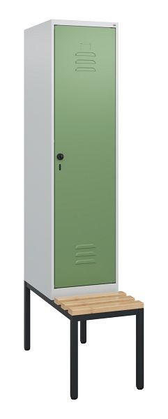 C+P Umkleidespind Classic PLUS, mit untergebauter Sitzbank, 1950x400x815mm, 7035/6011, Drehriegel, Buche-Sitzleisten, 0800505-12 S10006
