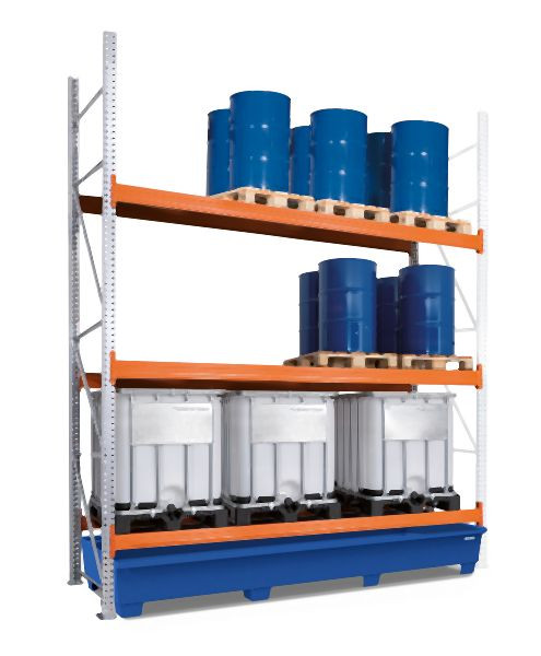 DENIOS Gefahrstoff-Palettenregal, Anbaufeld, 3 Lagerebenen, lackierte Auffangwanne, 3400 x 1300 x 3800 mm, 329157