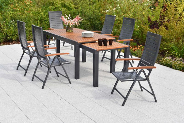 Merxx Tinos Set 7-teilig, 6 Tinos Klappsessel, folierte Armlehnen, Holzoptik, 1 Flex Ausziehtisch 180/180 x 100/83 x 80/74 cm, 50463-217